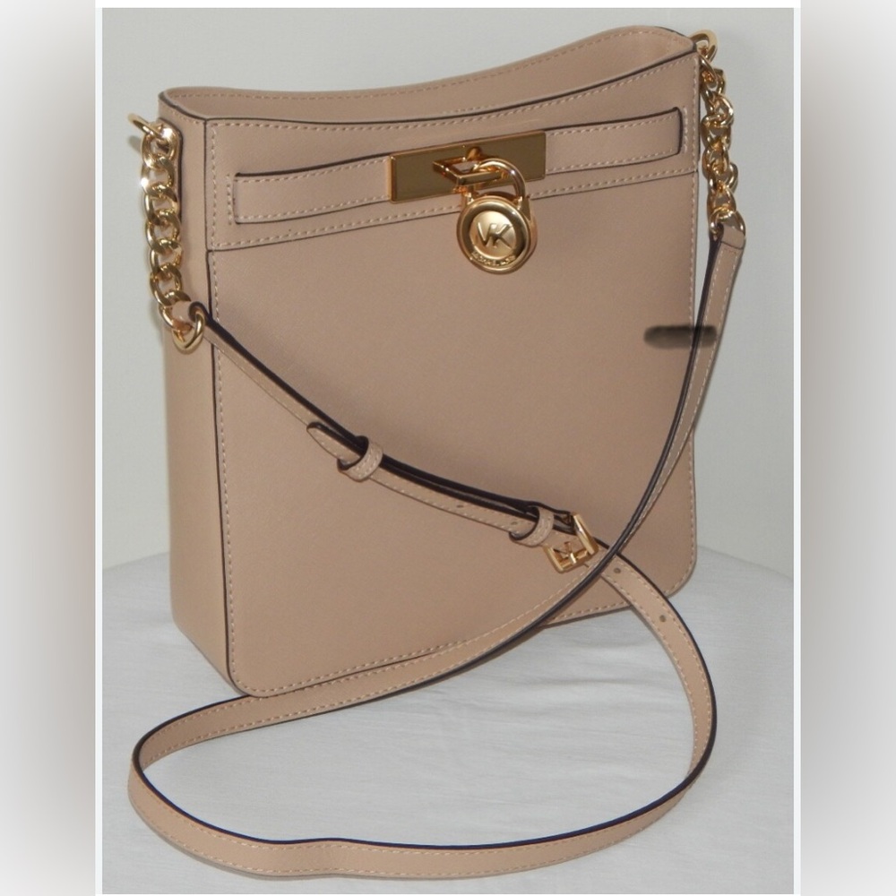 Michael Kors Hamilton Oyster/Beige Crossbody Bag with chain link Gold Accents